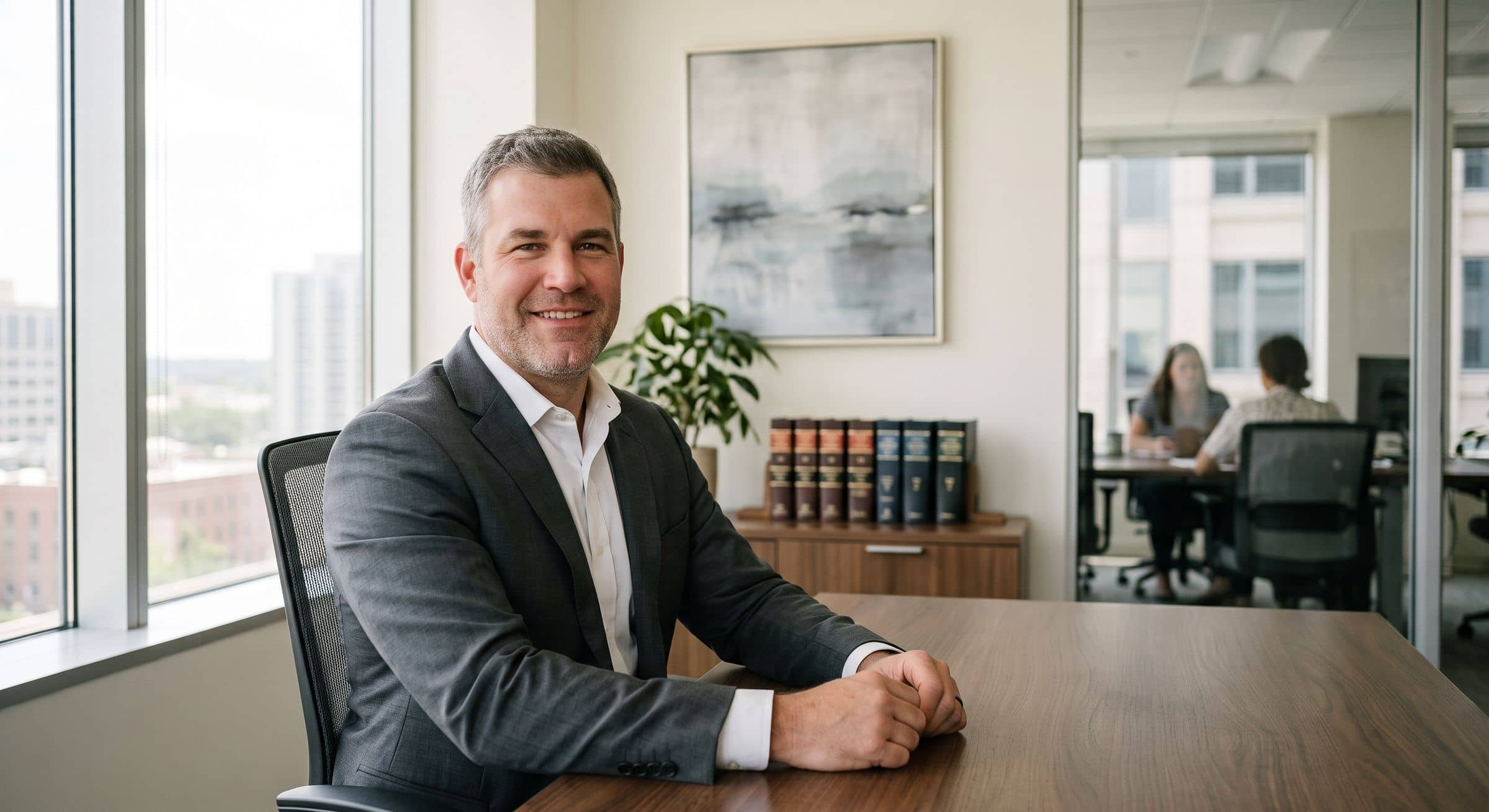 Client seated at a conference table in a law office, smiling