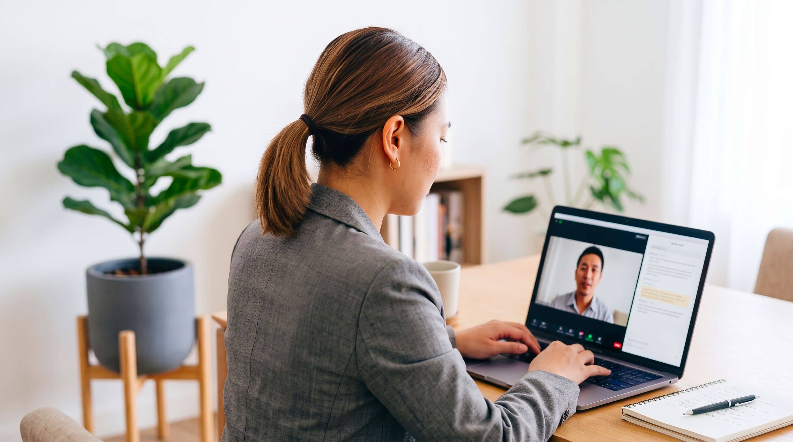 Account lead on a video interview, the call open on the laptop and notes on the desk